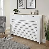 Home Source Batley Radiator Cabinet with Drawer – White Radiator Cover with Sonoma Oak Shelf – Modern Slatted Front Design