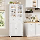 HOCSOK Kitchen Pantry Cupboard, Freestanding Kitchen Storage Cabinet with 4 Doors and 2 Drawers, Display Cabinets with 2 Glass Doors for Dining Room, Office, Living Room, Modern, White