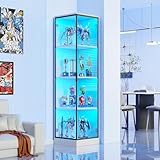 BROTTAR 4 Tier Corner Display Cabinets, 62.9" Tall Bookcase Bookshelf with Lights and Magnetic Lock, Storage Cabinet with Human Sensor for Living Room Corner Shelf Unit, White