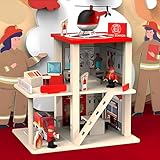 RLS Wooden Fire Station Playset, Pretend Play Dollhouse,Multicolor 3-Level with Figures, Truck, Helicopter and Accessories