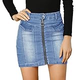 Allegra K Women's Bodycon Denim Skirts Stretch Washed Zip Front Jean Mini Skirt, Blue, S