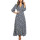 Navy Blue Maxi Dress - Women's Floral Print V-Neck High Waist Boho Summer Dress with Split (M)