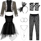 Boyiee Womens 80s Costume Set Dress Jacket Headband Earrings Necklace Lace Legging Gloves Halloween 80s Themed Costumes(L)