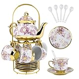 20 Piece Ceramic Tea Sets with Teapot, 3 oz Tea Cup and Saucer Set, Porcelain Tea Sets with 15 oz Teapot, Afternoon Tea Set, Coffee Set with Metal Cup Holder, Tea Cups Sets of 6, Teapot and Cup Set