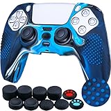 YoRHa Studded Silicone Rubber Gel Customizing Skin Cover for PS5 Dualsense Controller x 1(Camouflage Blue) With Pro thumb grips x 10