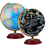 Illuminated World Globe for Kids & Adults All Ages With Wooden base Night View Stars Constellation Pattern Globe lamp with Detailed World Map Built-in LED Educational Gift Night Stand Decor