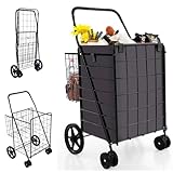 COSTWAY 120L Folding Shopping Trolley on 6 Wheels, Metal Utility Push/Pull Cart with Back Basket, Removable Liner & Anti-Slip Handle, Portable Luggage Grocery Carts for Mobility （with Liner)