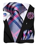Hi-Tie Mens Tie Lapel Pin Set Pocket Square Cufflinks Woven Silk Ties for Men Wedding Formal,Purple Pink Plaid