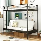 COSTWAY Metal Bunk Bed, Convertible to Sofa Couch, Single over Single Loft Bed Frame with Ladder and Safety Guardrail, Space-Saving Bedroom Dorm Twin High Sleeper Beds for Kids Teens Adults, Black