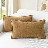 CaliTime Throw Pillow Cases Pack of 2 Cotton Thread Stitching Edges Solid Dyed Soft Chenille Cushion Covers for Couch Sofa Home Farmhouse Decoration 30 x 50cm Apricot Brown