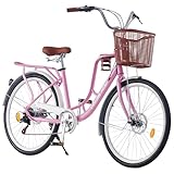 BSTSEL 24/26 Inch Wheels Vintage bike Fabric Bike City Classic Bicycle, Retro Bicycle With 7 Speed Gears, Dual Disc Brakes, Rack And Front Basket Formal Road Bike For Woman (26 inch Pink)