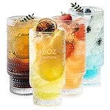 POLIDREAM Drinking Glasses Set of 4 Embossed Glass Tumbler 16oz Vintage Whiskey Glasses Hobnail Cocktail Glasses Romantic Water Glasses for Beer Juice Whiskey Cocktail Milk(2 Embossed & 2 Hobnail)