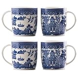 UNIQUE HOME LIVING Blue Willow Barrel Mugs Set of 4, 350ml Bone China Coffee Mug Oriental Style Coffee Cups with Handle for Milk Tea Hot Cocoa (9 x 8.5cm)