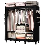 LOEFME Canvas Wardrobe 172 * 130 * 45cm, Wardrobes for Bedroom, New Base Design Fabric Bedroom Wardrobes with 2 Hanging Rails and 18 Side Bags, Fabric Closet, Cheap Folding Wardrobe, Black