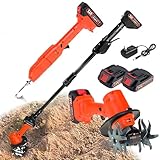 Electric Mini Digging Hoe, Cordless Tiller Cultivator with Telescopic Pole, 2 Batteries, Hand-Held Micro Tiller Weeding Machine for Cutting Grass, Wheat, Tea Tree, Soil Preparation, Weeding