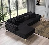 Snooze Luxury Chesterfield Seater Plush Velvet L-Shaped Corner Sofa – Deep Button-Tufted Design with Elegant Gold Metal Legs – Chaise Lounge Couch (Black Plush, 5 Seater (Left Hand side))