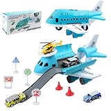 Transport Airplane Cargo Plane Car Kids Toys Set with 3pcs Small City Cars, 1pcs Helicopter Toy and 6pcs DIY Traffic Signs Gift Toys for Boys Girls 3+ Years Old