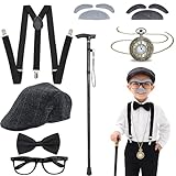OJMHD Kid‘s Old Man Costume Set, Halloween Boy's Grandpa Cosplay Accessories with Hat Glasses Mustache Suspenders Tie Cane Watch for 100 Days of School Party Dress Up