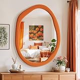 TRAHOME Irregular Asymmetrical Wall Mirror, 32" x 24" Flannel Wrapped Wooden Frame Frame Mirror for Living Room Bathroom Entryway, Hanging or Leaning Against Wall(Orange)