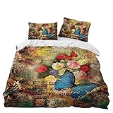 WENYAPJYC Yellow Beige Duvet Cover Vintage Floral Butterfly City Parrot Pattern Bedding set Microfibre Girl Duvet Cover with Zip (Style 3,200x200 cm)