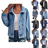 Cocila Denim Jackets Women Jean Lapel Stretchy Lightweight Long Sleeve Trucker Classic Western Design Denim Jeans Button Down Stretch Boyfriend Jacket with Pocket UK