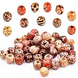 300 Pcs 12mm Natural Painted Wood Hair Beads Round Loose Wooden Bead Printed Wooden Macrame Large Hole Beads Various Shapes Loose Wooden Bead for Crafting Jewellery Making DIY Bracelet 4mm Hole