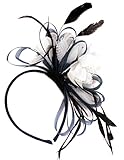 Caprilite Navy Blue and White Net Fascinator Headband Hoop Feather Hair Wedding Royal Ascot Races