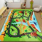 AKUNRUG Dinosaur Safari Road Map Carpet Playmat Rug, 200X150 CM Non-Slip Play Mat for Kids' Playroom Bedroom, Track Rug for Toy Cars