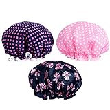 PrettyDate 3 Packs Double layer Shower Cap Waterproof Elastic Bath Cap for Women Shower Spa Salon