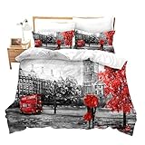 Loussiesd London Bedding Set for Couples Soft Microfiber Big Ben Duvet Cover Grey Red Double Decker Bus Pattern Comforter Cove Decorative Cityscape Bedspread Cover Street Double Zipper&Ties