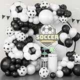 Soccer Balloon Garland Arch Kit, 22 18 12 10 5 Inch Black White and Soccer Print Balloons with 4D Football Foil Helium Balloon, Football Party Decorations for Birthdays Football World Club Sports