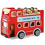 SOKA Wooden Original Double Decker Red Classic London Sightseeing Bus with Driver & Passenger Figurines Toy Playing Set Miniature Display Model Figures for Kids Children Girls Boys Ages 18 month +