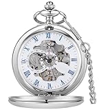 Tiong Vintage Smooth Steel Skeleton Stylish Silver Full Hunter Mechanical Pocket Watch with Chain for Men Women
