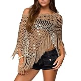 Womens Sequin Crochet Knit Poncho Tops One Shoulder Sheer Cover Ups Hollow Out Poncho Shrug Fishnet Shawl with Fringe(Fashion Brown,One Size)
