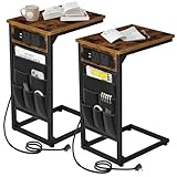 AMHANCIBLE C-Shaped Side Table, Bedside Table Set of 2 with Charging Station, End Table with Cloth Storage Bag, Sofa Table for Small Spaces, Coffee Table for Living Room,Bedroom, Brown HET04CBR