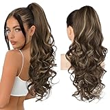 REECHO Ponytail Extension, 24" Claw Clip in Ponytail Extensions Long Curly Wavy Ponytail Hair Extension Jaw Clip on Pony Tails Hairpiece for Women - Chocolate Brown with Highlights