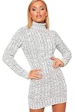 WearAll Women's Polo High Neck Long Sleeve Cable Knitted Jumper Dress Ladies Bodycon Mini - Light Grey - 16-18