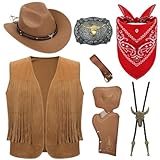 7Pcs Western Fancy Dress Cowboy Kit for Men Hippie Cowboy Costume Set with Hat Tasseled Vest Paisley Bandanna Western Bolo Buckle Belts Holsters Fancy Dress Up Costumes for Halloween Cosplay XL