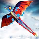 Touch the sky Huge Dragon Kite for Kids and Adults Easy to Fly-55inch x 62inch Single Line with Tail 90M String