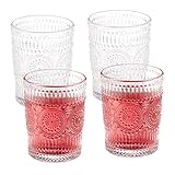 Relaxdays Drinking Glasses Set of 4, Dishwasher Safe, 300ml each, Vintage Glasses with Floral Pattern, Transparent