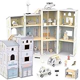 Mamabrum Wooden Fire Station & Police Station Playset for Kids – 3-Storey Toy Building with Vehicles & Accessories – Compatible with Figures – Ideal for Role Play & Creative Fun