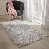Sienna Small Rug for Bedroom, Silver Grey Fluffy Shaggy Rugs for Living Room Thick Pile Non-Shedding Bedside Rugs Super Soft Anti-Slip Floor Carpet, 80 x 150cm