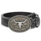 WHIPPY Mens Cowboy Belt Western Belts for Men Women with Engraved Floral Bull Head Buckle Western Leather Buckle Belt for Jeans,Black-Silver 32"-36"