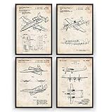 Magic Posters Military Aircraft Set Of 4 Patent Prints - Aviation Airplane Poster Gift Blueprint Retro Wall Art Original Decor - Frame Not Included