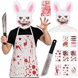 Moonlight Fright Horror Killer Bunny Halloween Costume - Killer Rabbit Costume with Scary Rabbit Mask, Apron, Fake Knife Prop, and Wound Temporary Tattoos - Scary Bunny Halloween Costumes Men
