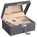 SONGMICS PU Jewellery Box 2 Tier Storage Box with Removable Hinged Travel Box with Mirror on Lid, Grey JBC232GY