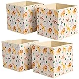 OHS 4 Pack Kids Storage Boxes for Shelves, Safari Print Space Saving Foldable Storage Box for Toys Games Clothing Organiser Storage Cubes for Kids Bedrooms Nursery, Beige