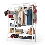 Klass Home Collection Heavy Duty Clothes Rail, 120KG White Metal Rack With Double Hanging Clothing Rail, Shoe Rack, Storage Shelves & 4 Coat Hooks, Wardrobe Clothes Rails For Bedroom Office Shop