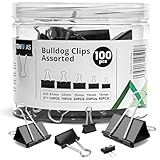 Tehmas 100pcs (41,32,25,19 & 15mm) Multi-Size Bulldog Clips – Assorted Sizes Black Finished Colour Stainless-Steel Clips - Ideal for Home, School and Office Use - Perfect Document and Paper Organizer