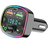 Bluetooth FM Transmitter 5.0, Car Adapter QC 3.1A PD 20W Fast Charging, Auto Cigarette Lighter Adapter LED Display Hands-Free Calling Radio Receiver Support TF Card EQ Function USB Drive